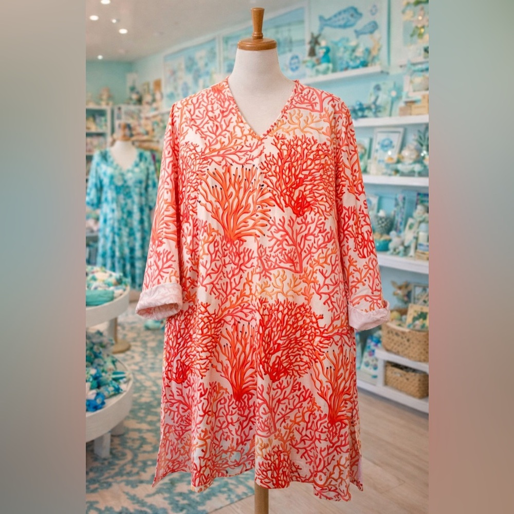 Coral Print V-Neck SPF Dress